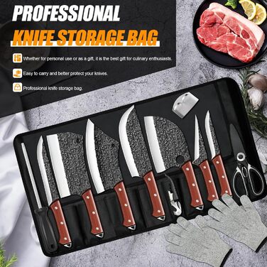 Набір ножів кухонних MDHAND 14 предметів з чохлом, сталь High Carbon, для м'яса, риби, кухні, кемпінгу, BBQ