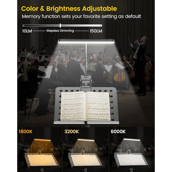 Світлодіодна лампа для нот Glocusent 81 LED: для піаніно, з USB-C зарядкою, 3 кольори, 5 рівнів яскравості, до 140 годин роботи, чорна