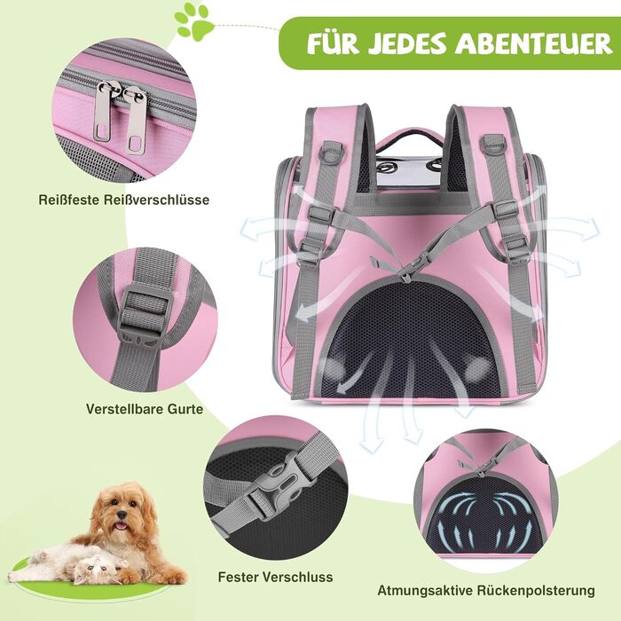 Рюкзак для котів та маленьких собак ALLSOPETS, дихаючий, з фронтальною відкривачкою та страхувальним ремінцем, для подорожей, прогулянок та хайкінгу (Квітково-рожевий)