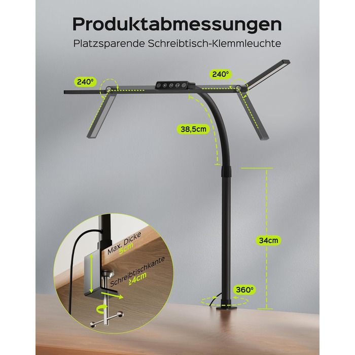 LED лампа настільна Jackyled з 3 регульованими головками, диммер, пульт, для монітора, офісу, майстерні, 5 рівнів яскравості та кольорових температур