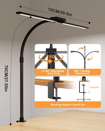 Світлодіодна лампа VUENICEE для столу з регулюванням яскравості та пультом дистанційного керування, 20W, кріплення-прищіпка, офісна лампа, 5 режимів кольору та яскравості, гнусий