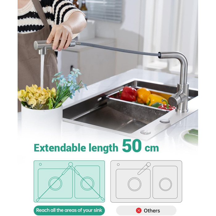 Кухонний змішувач Dayone з висувною лійкою, нержавіюча сталь SUS304, високий тиск, 2 функції, поворотна лійка 360°, L-подібна форма, G6808bn