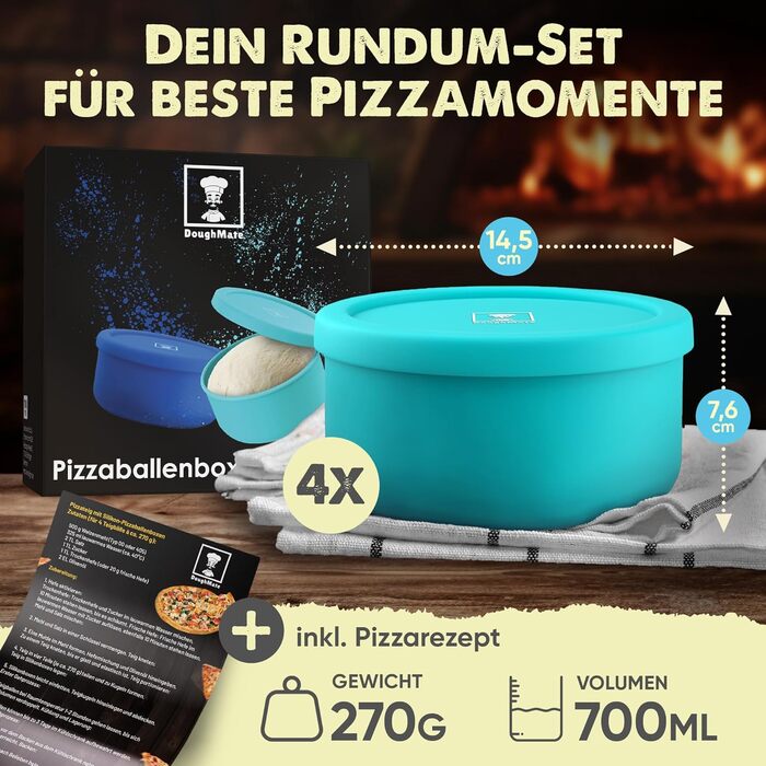 Pizza Ball Box with Lid, 4-Piece Set - Ideal as a pizza box, dough box, proofing box, for up to 350g of pizza dough, non-stick silicone, freezer and dishwasher safe, food-grade.