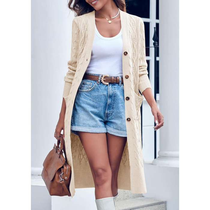 Жіноча в'язана жилетка Imily Bela з відкритим передом, довгим рукавом, візерунком коси та кишенями. Ідеальна на осінь-зиму. XL, бежевий колір