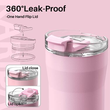 Термокружка SANTECO з нержавіючої сталі 18/8, 350 мл, з подвійними стінками, ізольована, 6 годин зберігає тепло, без BPA, виточна, з прозорою кришкою, темно-зелений/рожевий