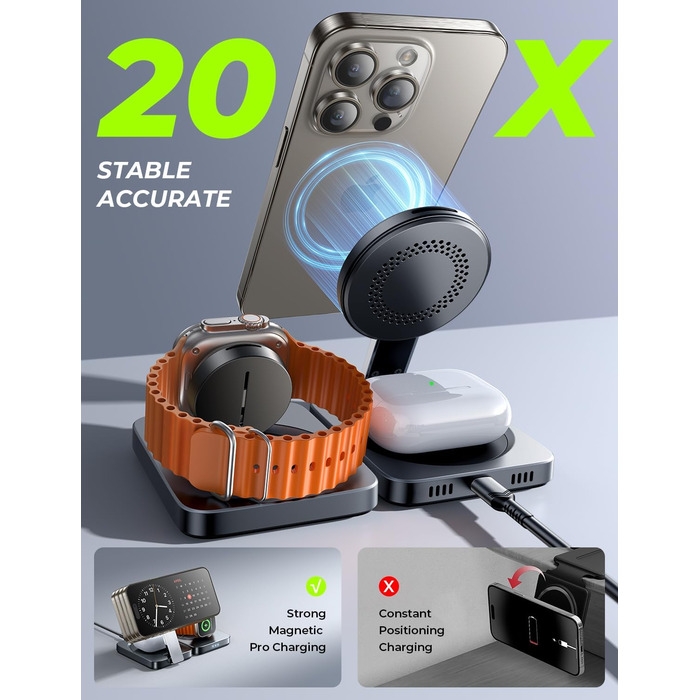 Зарядний станція 3-в-1 для Apple: Apple Watch, iPhone (Magsafe), AirPods. Підтримка iPhone 16 Pro Max, 15, 14, 13, 12