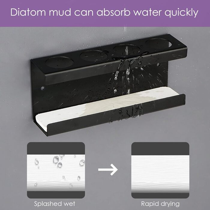 Настінний електричний тримач для зубних щіток на 4 слоти з підставкою для ополіскувача з діатоміту, сумісний з AquaSonic, Kingheroes, Oral-B (Чорний)