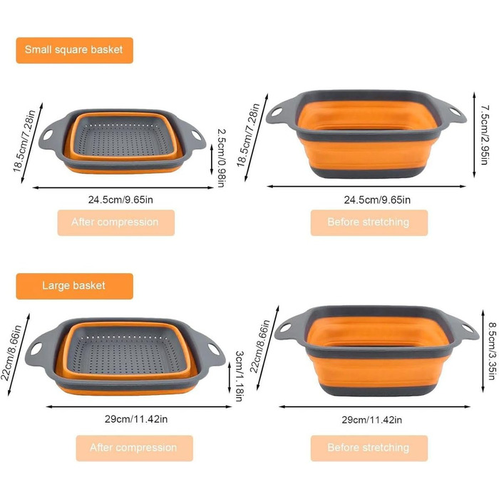 Ситечко для кухні складне, сито для зливання з нержавіючої сталі та силікону, 2 розміри (24.5+29.2 см), помаранчеве
