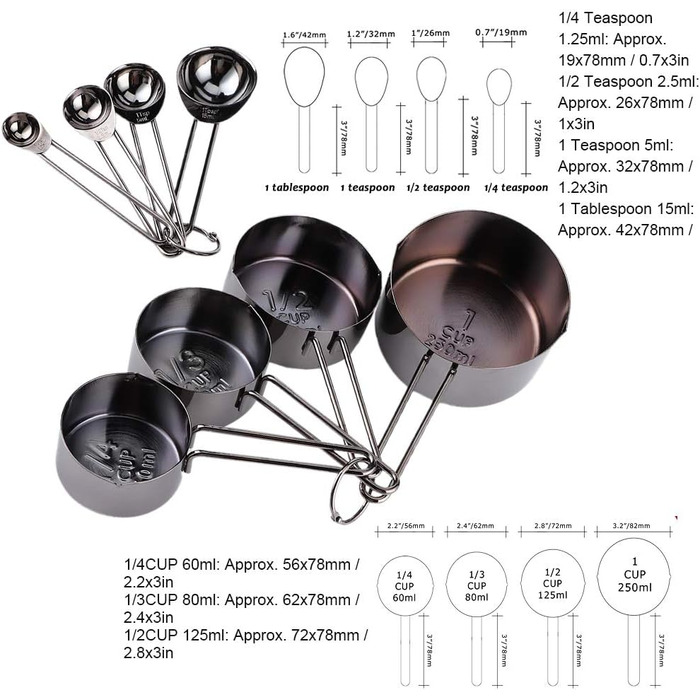 8-Piece Measuring Cup and Spoon Set, Measuring Spoons and Cups Made of Food-Grade Stainless Steel with Scale, Small Measuring Cups with Angled Spout (338g - Black)