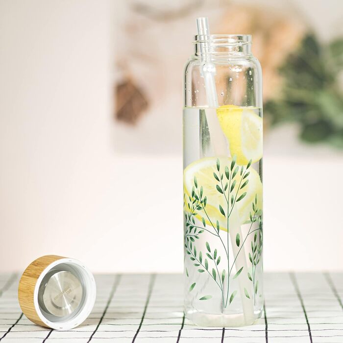 Glass Water Bottle 1L - Glass Water Bottle with Bamboo Lid 1 Liter (Green Leaves 1liter, 1000ml)