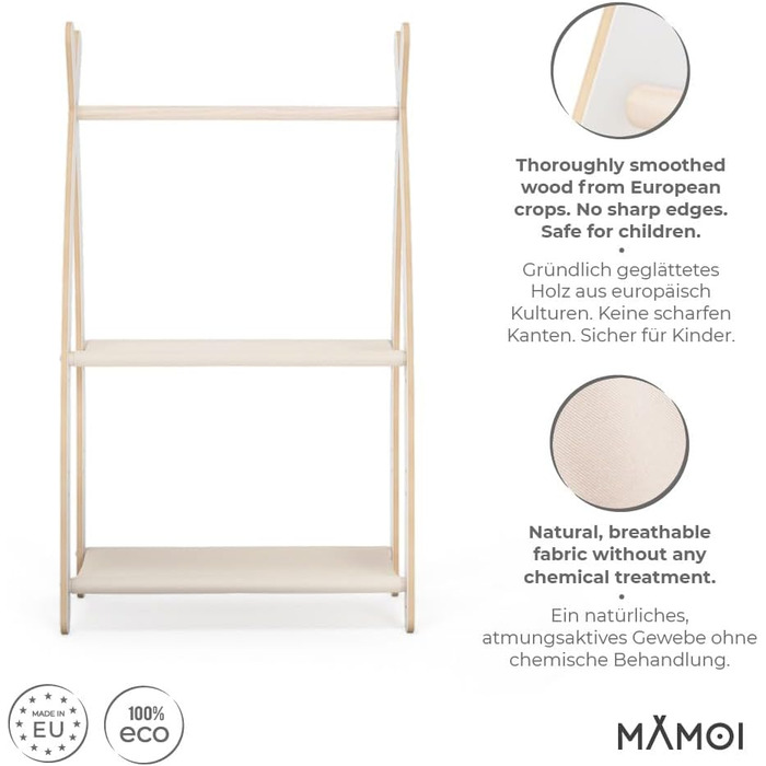 MAMOI® Clothes Rack Baby Nursery | Children's Clothes Rack 106x95x32cm / 53x95x32cm | Children's Clothes Stand Baby | Coat Rack | Baby Wardrobe | Children's Wardrobe | 100% ECO | Made in EU (1 Module - 2 Shelves, White - Beige)