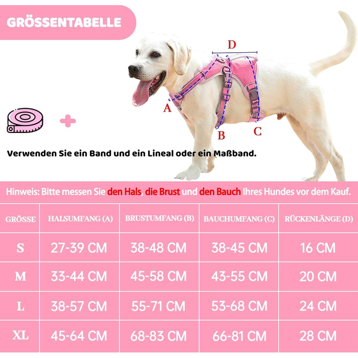 Шлейка для собак BELPRO, багатоцільова, антизламання, без тяги, світловідбиваюча, регульована, з міцною ручкою, для великих/активних собак (L) (1 шт, Рожевий)