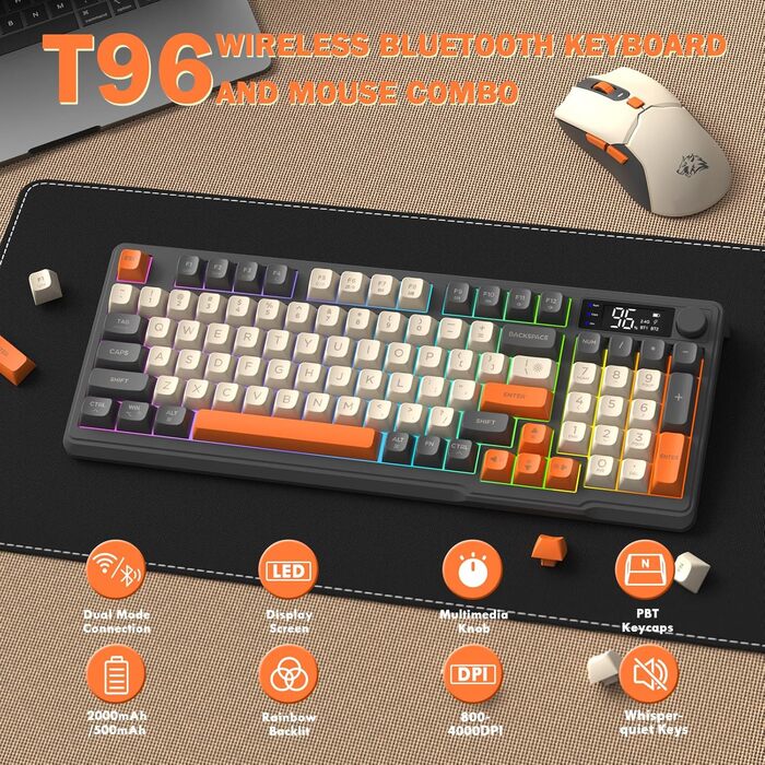 Бездротова клавіатура та миша FREEWOLF T96 з Bluetooth та 2.4G, PBT-клавіші, дисплеєм, тихими клавішами, Anti-Ghosting, QWERTY (Шиммер)