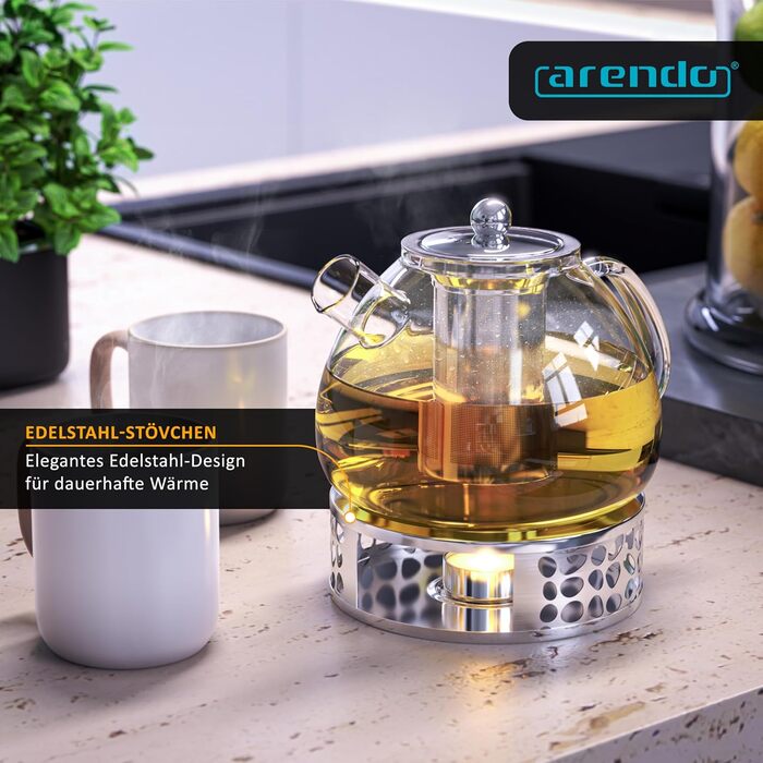 Скляний чайник Arendo з підставкою для підігріву та ситом, 1500 мл, термостійке боросилікатне скло, для листового, трав'яного та фруктового чаю