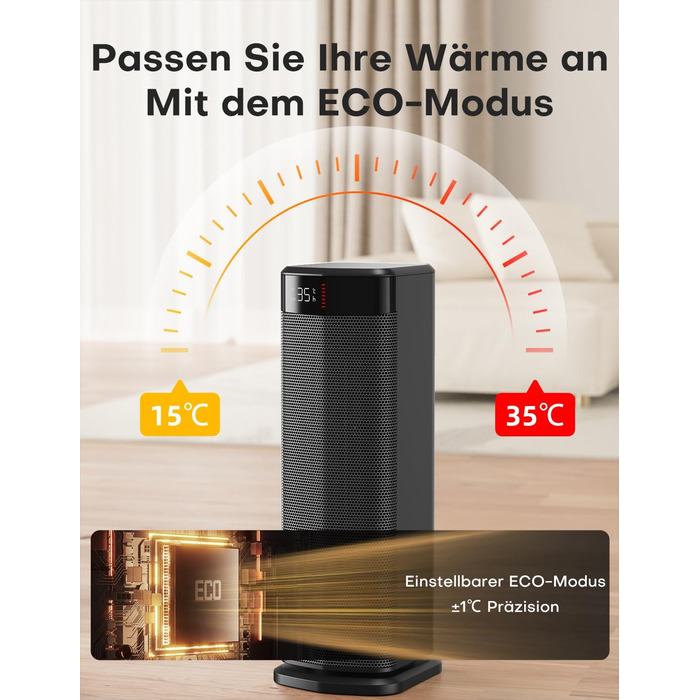 Електричний обігрівач QEXREED 2000W з PTC, 4 режими, термостат, осциляція 180°, таймер 24г, пульт, захист від перекидання та перегріву