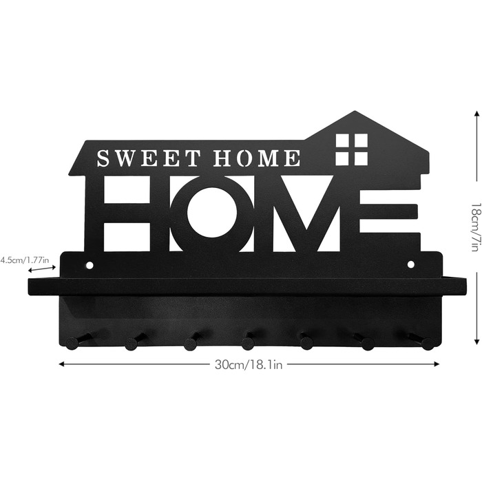 Ключниця настінна з полицею 1 HOME чорна, без свердління, з 7 гачками для ключів та вішалкою для одягу в передпокій