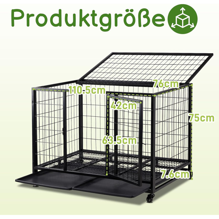 Міцна переносна клітка для собак, 109x76x87 см, 2 двері, фіксуючі колеса, знімний піддон – для середніх та великих собак, чорна