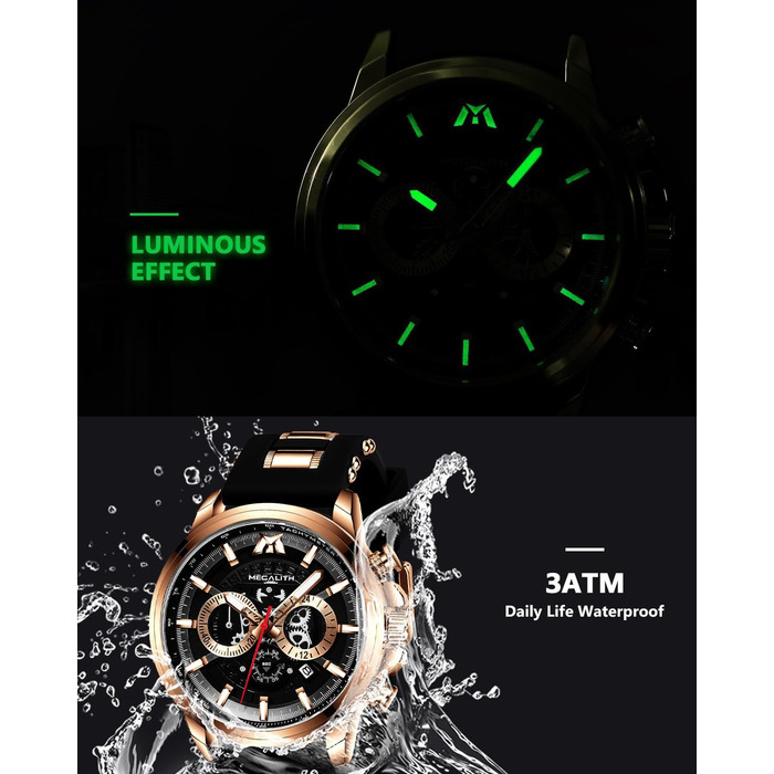 Чоловічий годинник MEGALITH Chronograph: аналоговий водонепроникний годинник з датою та світловим покриттям. Великий кварцовий годинник - ідеальний подарунок для спортивних чоловіків (A1-чорний)