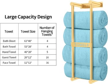 Тримач для рушників на стіну, велика поличка для рушників у ванну кімнату, золотий, 56 см