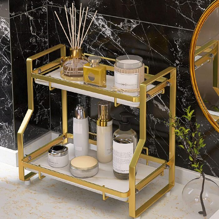 Wall-mounted bathroom shelf with 2 tiers, desk storage shelf for bedroom, kitchen, living room, bathroom, countertop, Nizer for enhanced Nizer and space-saving, gold