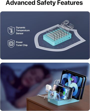 Зарядна станція SooPii USB 60W/12A, 6 портів, органайзер для декількох пристроїв з тримачем для Apple Watch, 6 кабелів (синій)