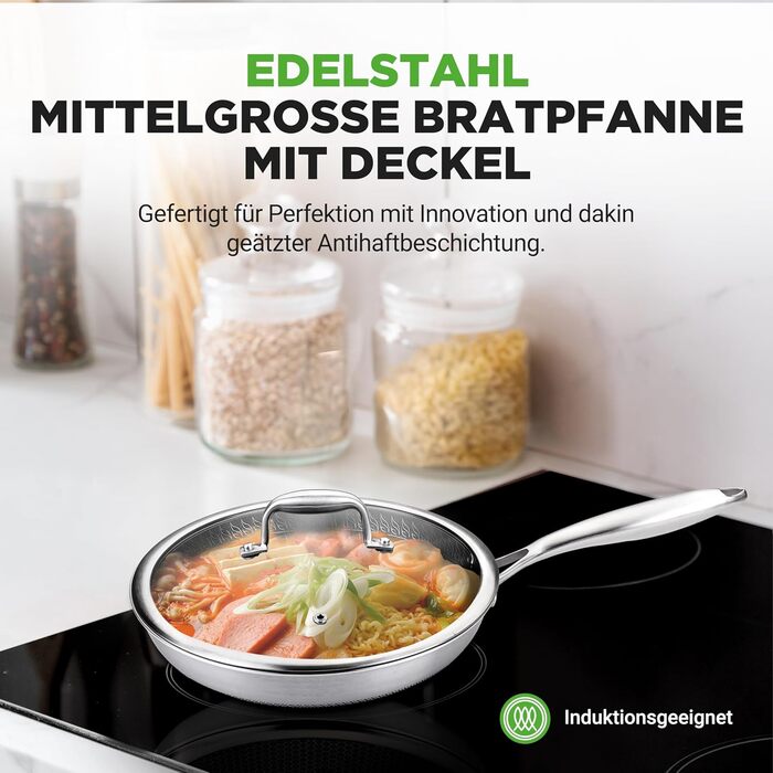 Набір сковорідок NutriChef з нержавіючої сталі, 6 предметів – антипригарне покриття, 20 см, 25 см, 30 см з кришками, сумісний з індукцією, стійкий до подряпин та придатний для духовки, набір посуду для приготування їжі (сковорода 25 см)