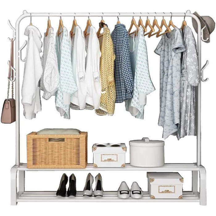 Clothes Rack Coat Rack Freestanding Clothes Rack Garment Rack Multifunctional with Top Bar, Bottom Shelf and 6 Hooks (White)