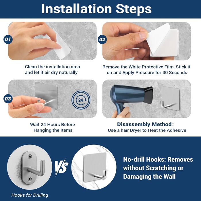 Набір гачків для рушників без свердління 6 шт. з нержавіючої сталі для ванної кімнати та кухні, самоклеючі, до 10 кг, вологостійкі, срібні