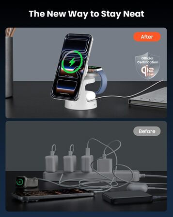 Зарядна станція GEEKERA Qi2.2 25W 3-в-1 з нічником, MagSafe сумісна, для iPhone 12-17, Apple Watch 2-11, AirPods + 45W GaN адаптер (Матовий білий)