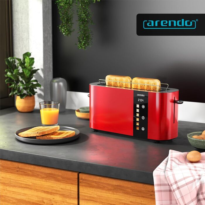 Тостер Arendo з нержавіючої сталі, 2 слоти, сенсорний дисплей, подвійні стінки, насадка для тостів, 6 рівнів підсмажування, центрування хліба, таймер, пам'ять - Чорний (D: Karminrot)