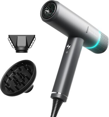 Іонізатор для волосся Föhn - високошвидкісний фен з насадкою-дифузором для жінок та чоловіків, 3 режими/2 швидкості, легкий, рівномірне тепло, тихий, чорний (сірий)