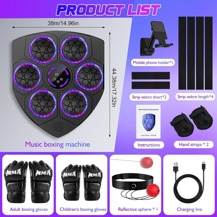 Музична боксерська машина Joellfuner з LED-підсвічуванням, 9 швидкостей, 5 рівнів гучності, режим підрахунку ударів, настінна ціль для тренувань у домашньому фітнес-залі