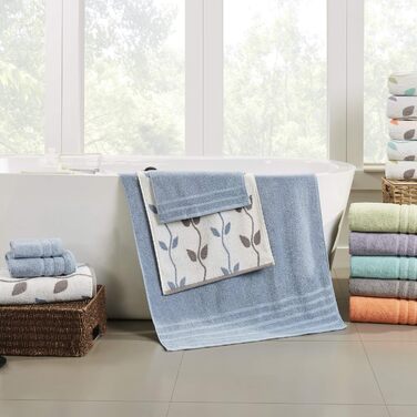 Amrapur Overseas Towel Set, 6-Piece, Dyed, Bio-Leaf Pattern, Jacquard/Solid, Ultra-Soft, 500 g/m², 100% Combed Cotton, Blue