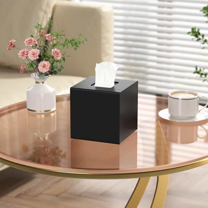 AITEE Acrylic Tissue Box Cover: Black square tissue holder, napkin dispenser for home, bathroom, kitchen, bedroom, office, coffee table, restaurant