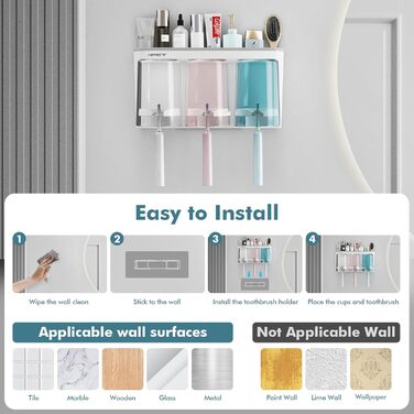 NPET Toothbrush Holder for Bathroom, 3 Cups, Toothbrush Holder Set, Wall Mount, Ideal Bathroom Accessory Organization