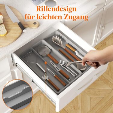 Органайзер для столових приладів Lifewit в шухляду, розширюваний 43.9 см, сірий, 40 см глибина, для кухні, ложок, ножів, лопаток