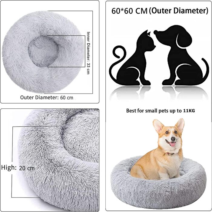 Кругле ліжко для котів та собак, 60 см, м'яке, плюшеве, миється, сірий колір