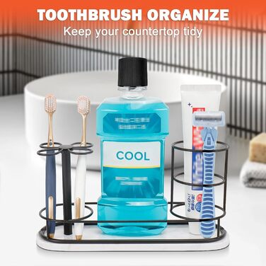 HarJue Toothbrush Holder for Bathroom, Metal Toothbrush Organizer with Marble Base, Toothbrush Storage Collection for Family, Suitable for Home, Hotel, Countertop, Vanity (Matte Black, Large)