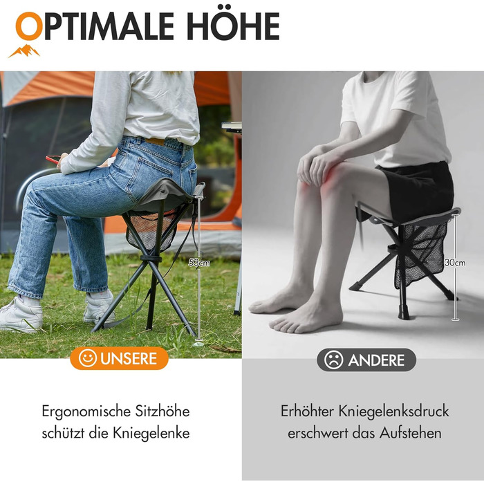 Складний туристичний стільчик з кишенею для риболовлі, кемпінгу та пікніків. Чорний, 53.3 см, до 102 кг.