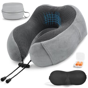 Подушка для шиї у літак: Memory Foam, регульована, компактна, з чохлом для зберігання, навушниками та маскою для сну (сіра)