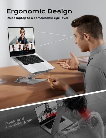 Adjustable Laptop Stand for Desk - Portable Aluminum Laptop Riser - Fits HP 10-16 Inch Laptops (Silver)