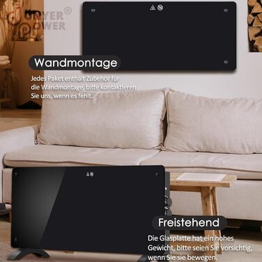 Конвектор DONYER POWER 2000W з склопанеллю, ультратонкий, настінний/підлоговий, чорний