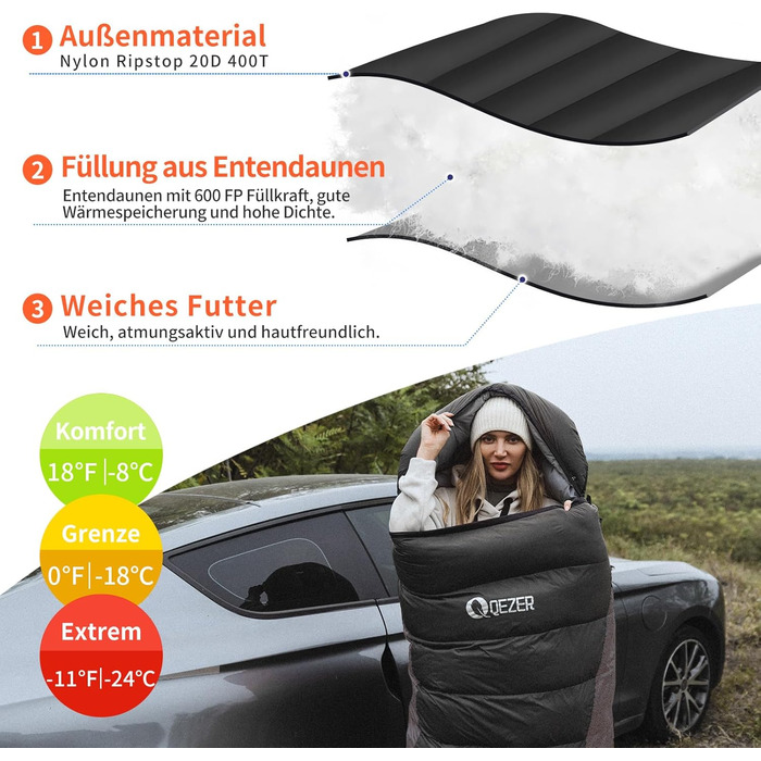 Спальний мішок пуховий зимовий, 600FP+ преміум пух, 12°C до -24°C, легкий та теплий для 3-4 сезонів, кемпінг, походи та трекінг, чорний