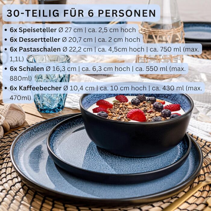 SÄNGER Aruba: Комплект посуду 30 предметів для 6 осіб | Керамічний посуд, миючий посуд, посуд для мікрохвильової печі, синій з чорним обідком