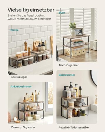 SONGMICS Spice Rack, 4-Piece Set, Kitchen Shelf, Kitchen Organizer, Expandable, Spice Holder, Stackable, with Metal Frame, 19.5 x 29.7 x 15.8 cm, Ink Black + Natural Beige KCS10NB (Ink Black + Greige Melange, 39.7B cm)