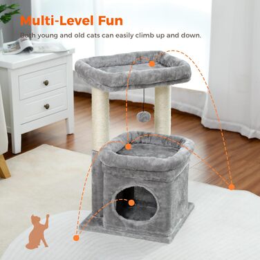 PAWZ Road Cat Tree, Multi-Level Cat Tower with Sisal-Covered Scratching Post, Cozy Cat Condo, and Large Cat Perch for House Cats (Gray)