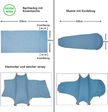 BROWINT Bamboo Travel Bed Sheets, Stretchy Jersey Sleeping Bag for Hotels, Inner Sleeping Bag for Travel and Camping, Rectangular with Pillow Pocket; Breathable, Mummy Sleeping Bag with Hood