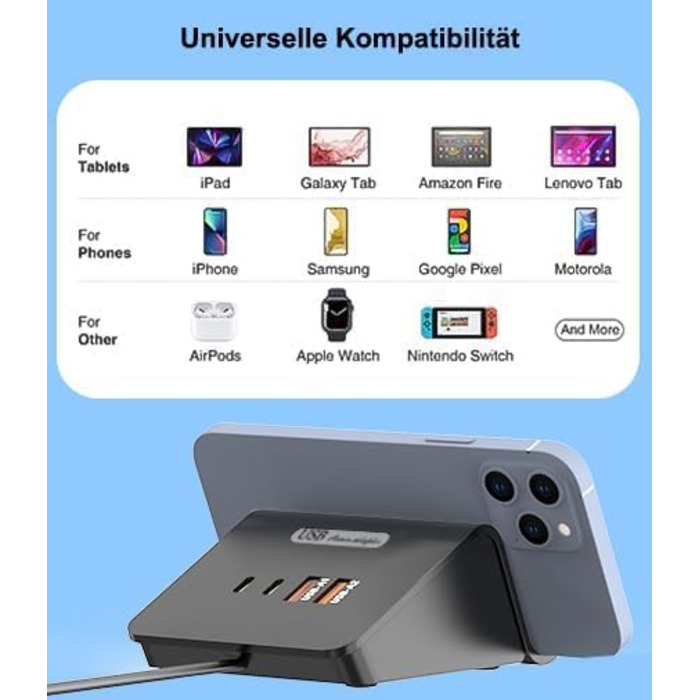 Багатопортова USB зарядка POANES 25W: зарядний станція на 4 порти для iPhone, Samsung, LG, Huawei та інших пристроїв (чорний/сірий)