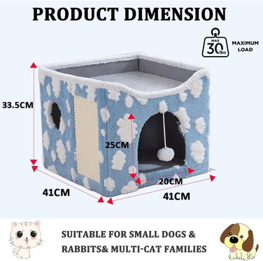 Будиночок-лежанка для кота ERNAN з когтеточкою та іграшкою, розкладний, синій, S