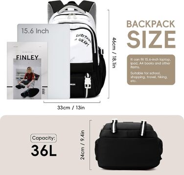 Шкільний рюкзак для підлітка, 36L, для дівчаток 3-9 клас, великий стильний рюкзак для ноутбука 16 дюймів, чорний, підходить для візка